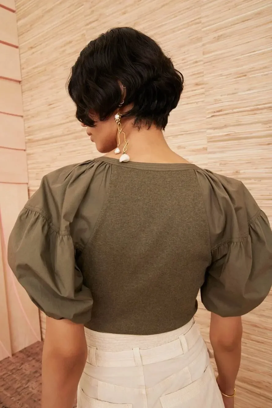Ulla Johnson Womens M Olive Green Puff Sleeve Cotton Ribbed Top SS 2022